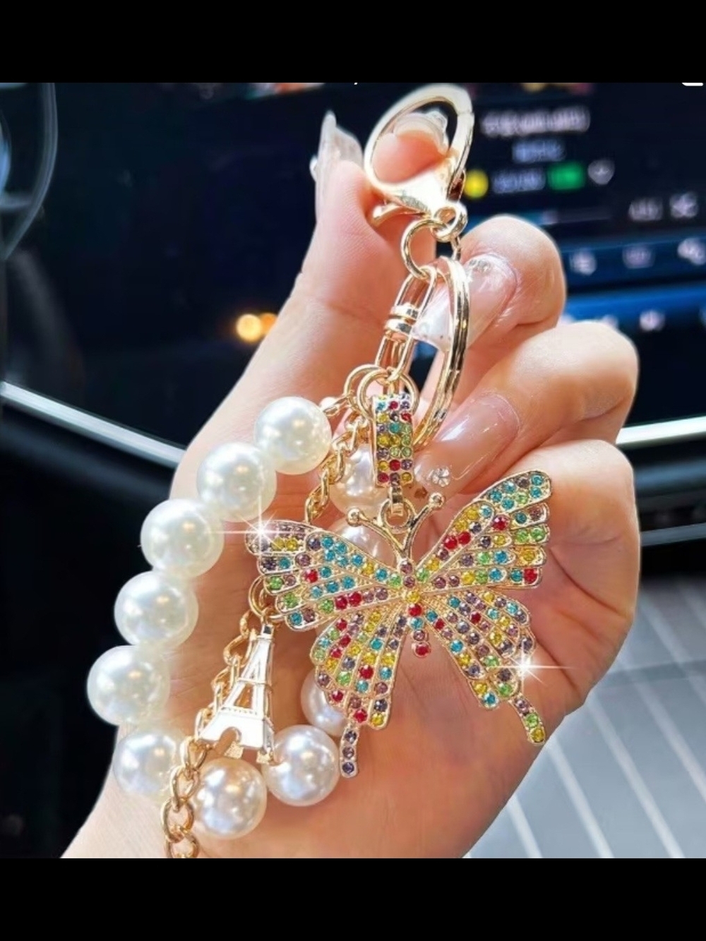 Boutique Colorful Rhinestone Butterfly & Pearl Wristlet Keychain Charm